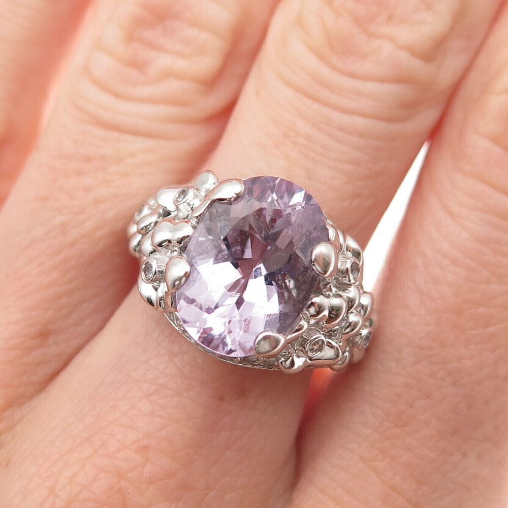 925 Sterling Silver Vintage Real Amethyst & C Z Floral Ring Size 9